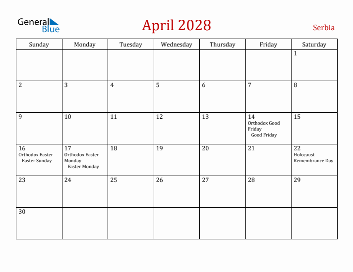 Serbia April 2028 Calendar - Sunday Start