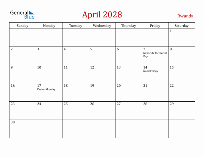 Rwanda April 2028 Calendar - Sunday Start