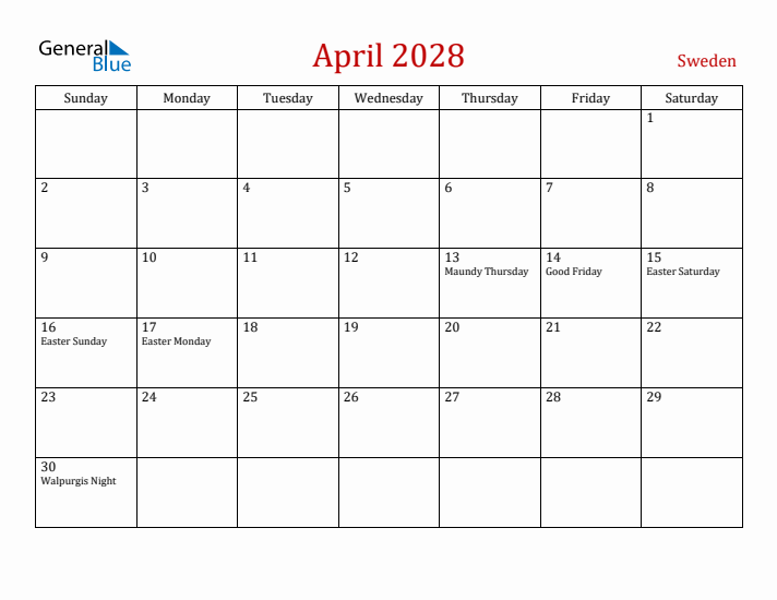 Sweden April 2028 Calendar - Sunday Start