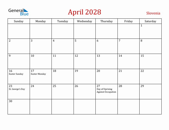 Slovenia April 2028 Calendar - Sunday Start