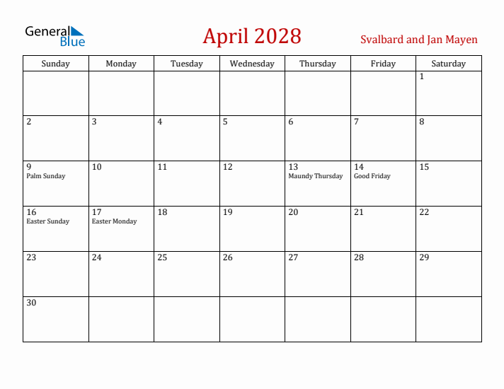 Svalbard and Jan Mayen April 2028 Calendar - Sunday Start