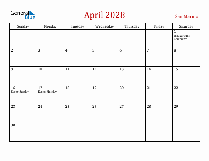 San Marino April 2028 Calendar - Sunday Start