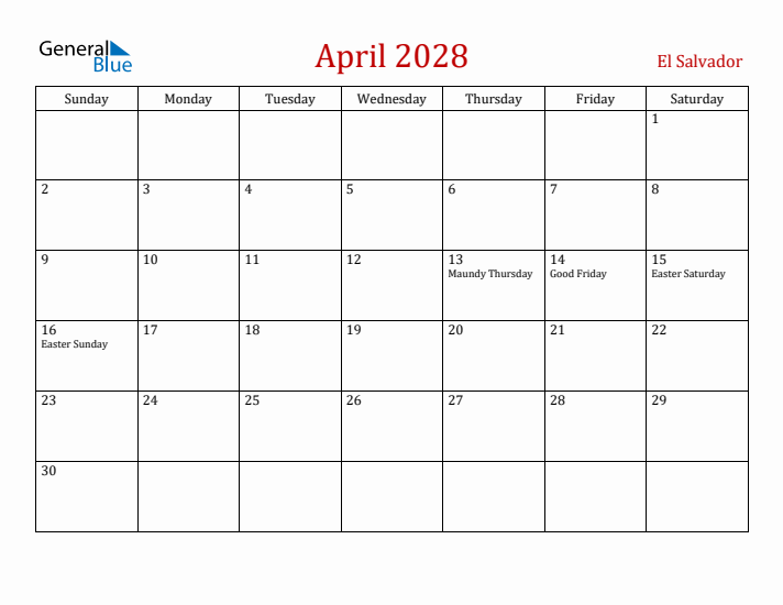 El Salvador April 2028 Calendar - Sunday Start