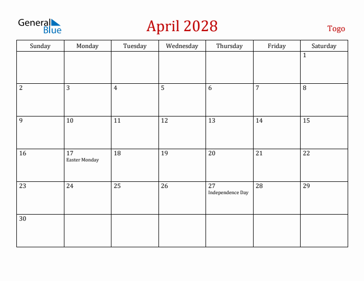 Togo April 2028 Calendar - Sunday Start