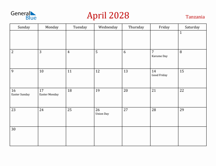 Tanzania April 2028 Calendar - Sunday Start