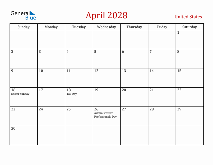 United States April 2028 Calendar - Sunday Start