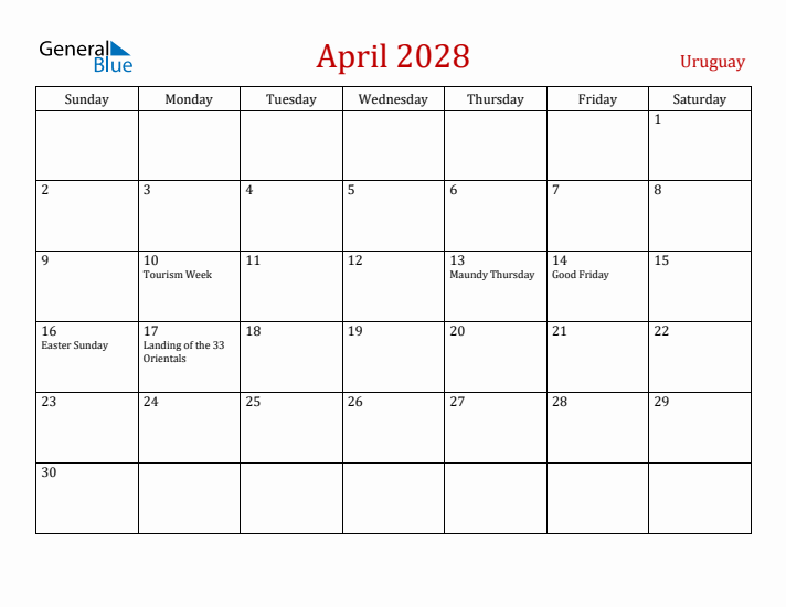 Uruguay April 2028 Calendar - Sunday Start