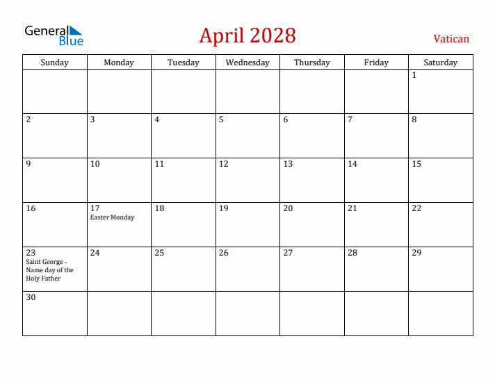 Vatican April 2028 Calendar - Sunday Start