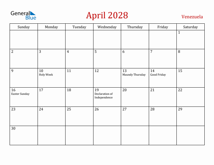 Venezuela April 2028 Calendar - Sunday Start