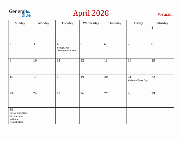 Vietnam April 2028 Calendar - Sunday Start