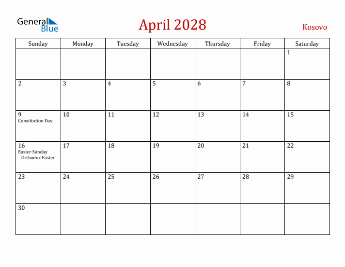 Kosovo April 2028 Calendar - Sunday Start