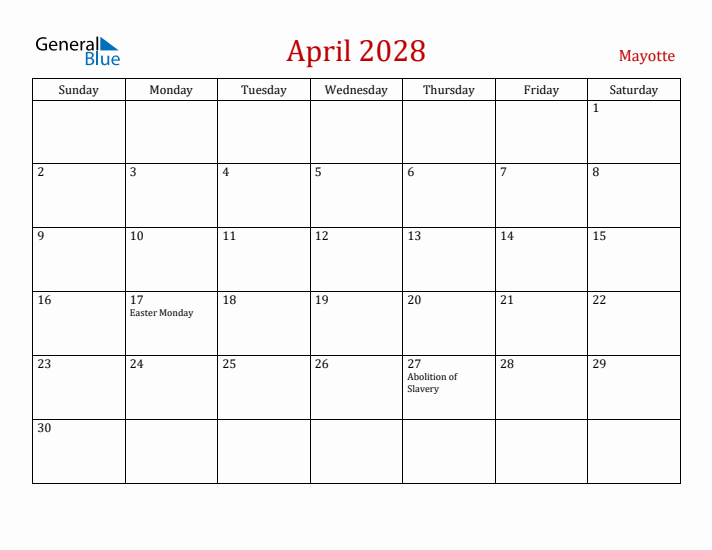 Mayotte April 2028 Calendar - Sunday Start