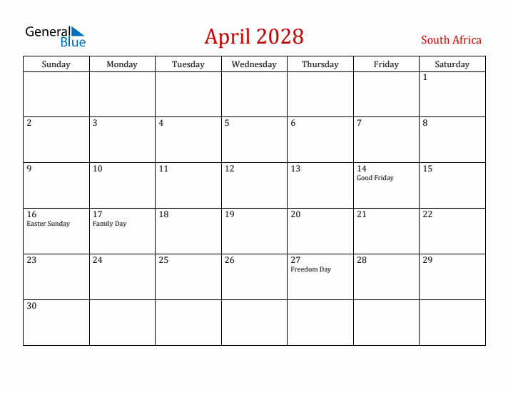 South Africa April 2028 Calendar - Sunday Start