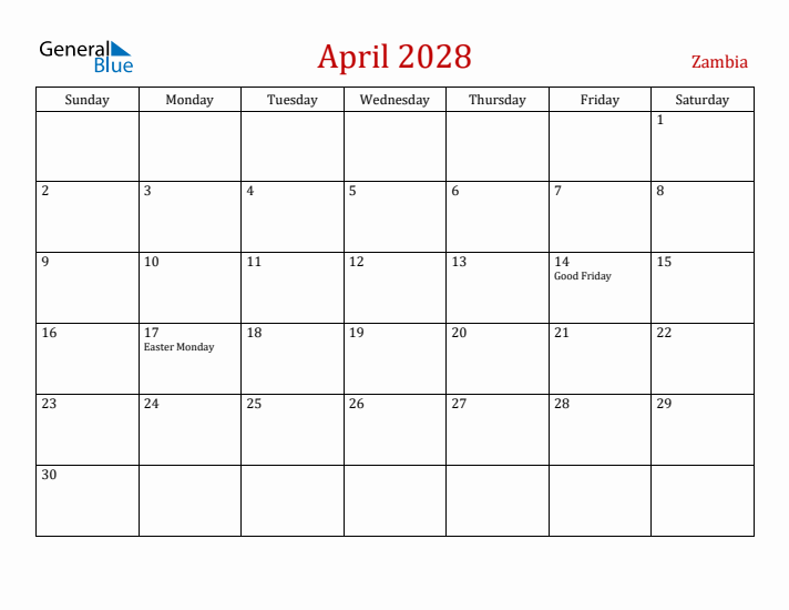 Zambia April 2028 Calendar - Sunday Start