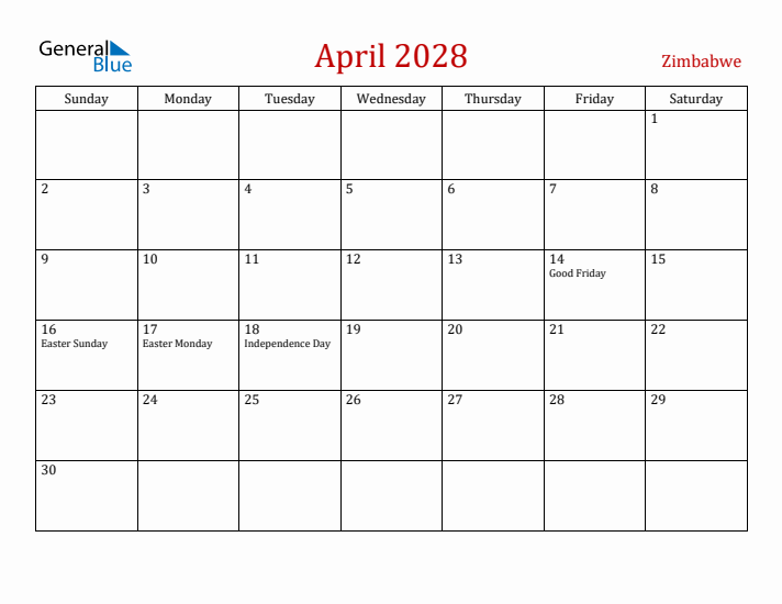 Zimbabwe April 2028 Calendar - Sunday Start