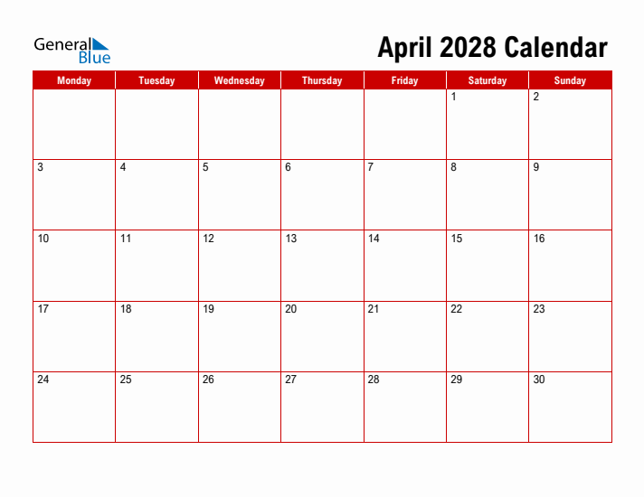 Simple Monthly Calendar - April 2028