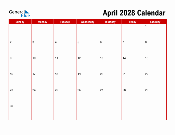 Simple Monthly Calendar - April 2028
