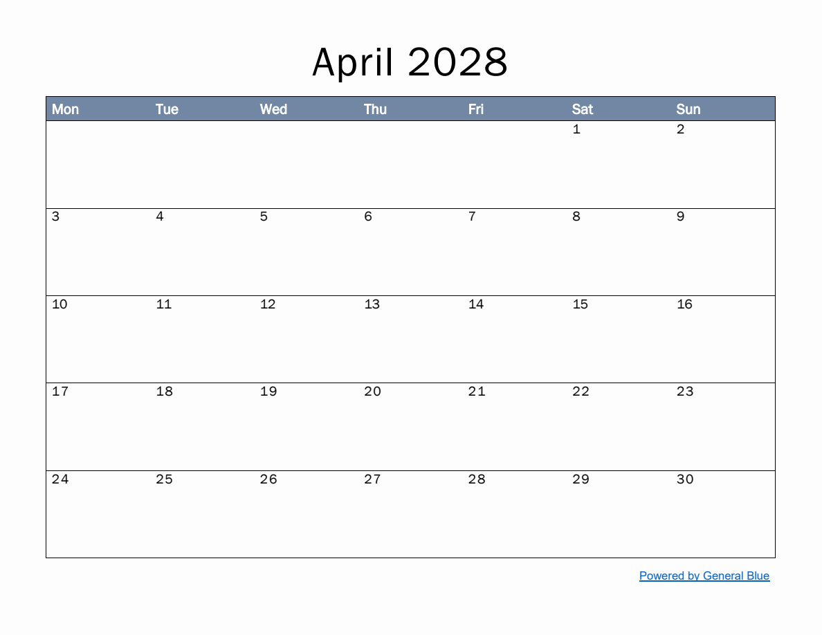 Monthly Calendar Template for April 2028