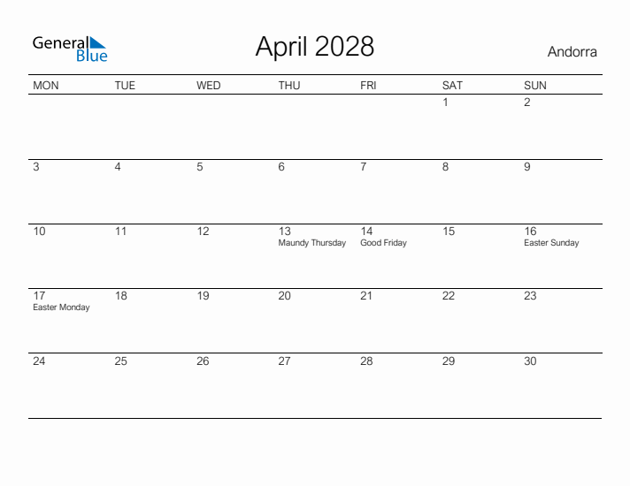 Printable April 2028 Calendar for Andorra