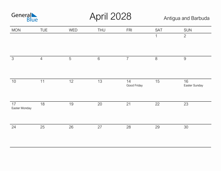 Printable April 2028 Calendar for Antigua and Barbuda