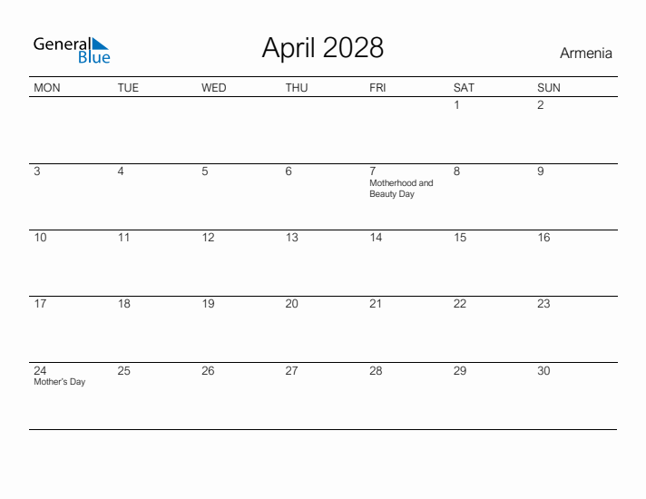 Printable April 2028 Calendar for Armenia