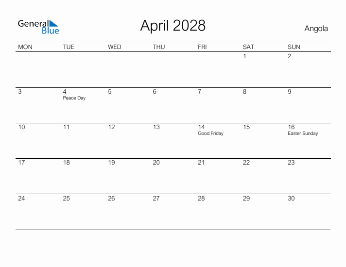 Printable April 2028 Calendar for Angola