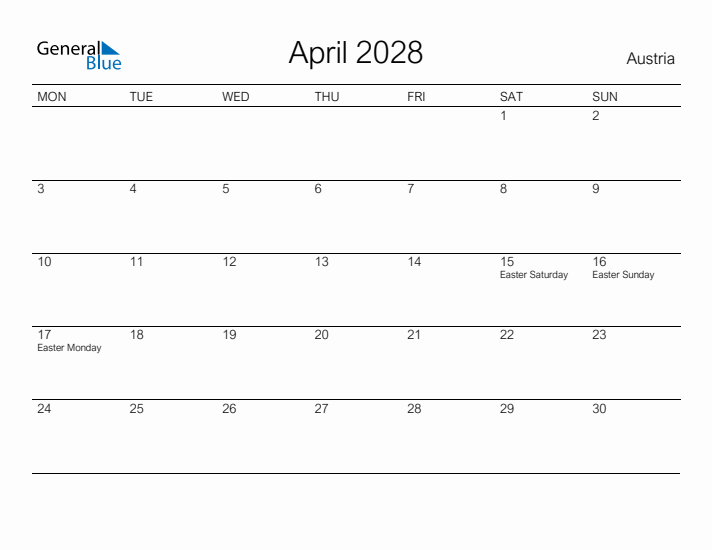 Printable April 2028 Calendar for Austria