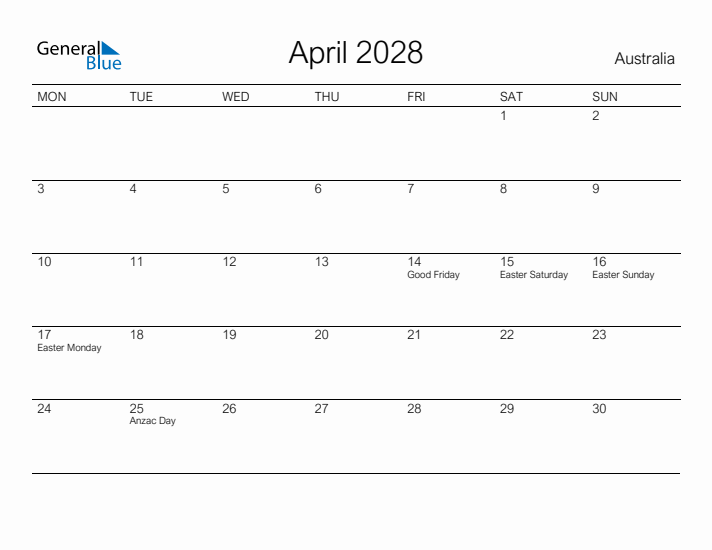 Printable April 2028 Calendar for Australia