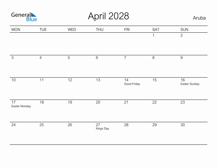 Printable April 2028 Calendar for Aruba