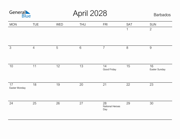 Printable April 2028 Calendar for Barbados