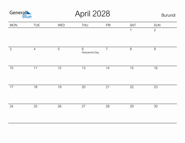 Printable April 2028 Calendar for Burundi