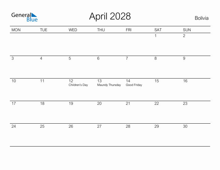 Printable April 2028 Calendar for Bolivia