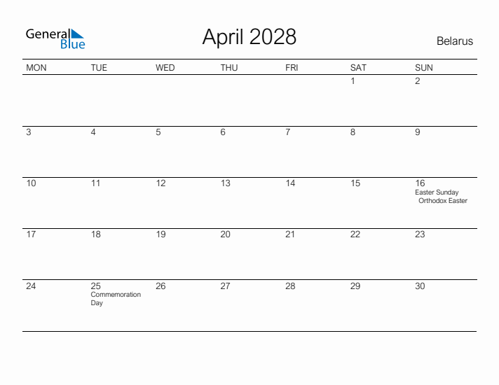 Printable April 2028 Calendar for Belarus