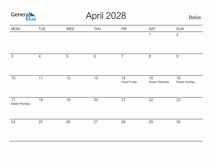 Printable April 2028 Calendar for Belize