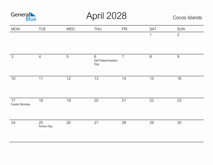 Printable April 2028 Calendar for Cocos Islands