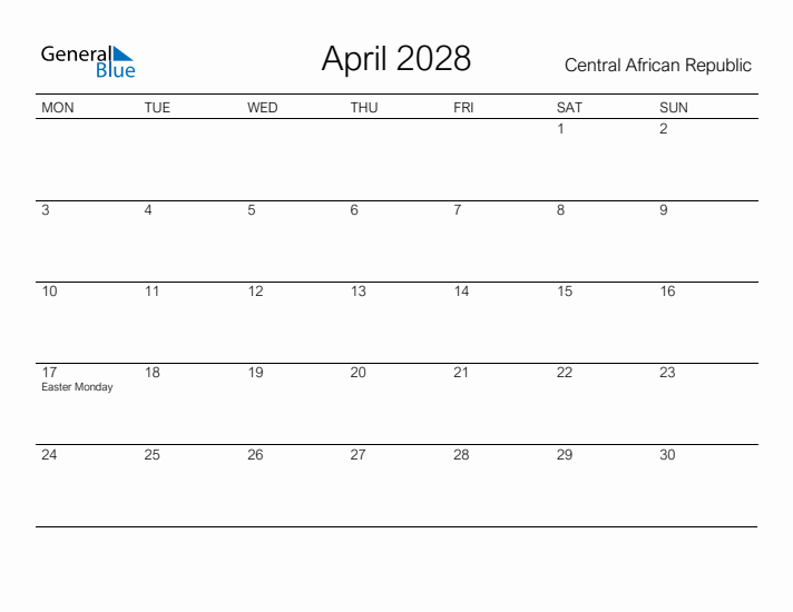 Printable April 2028 Calendar for Central African Republic