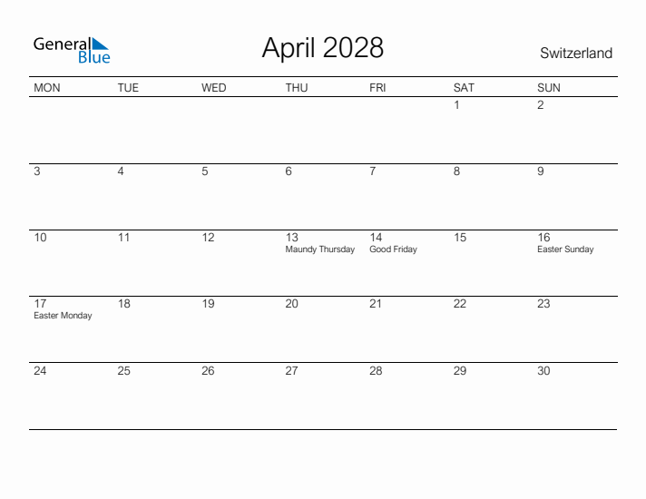 Printable April 2028 Calendar for Switzerland