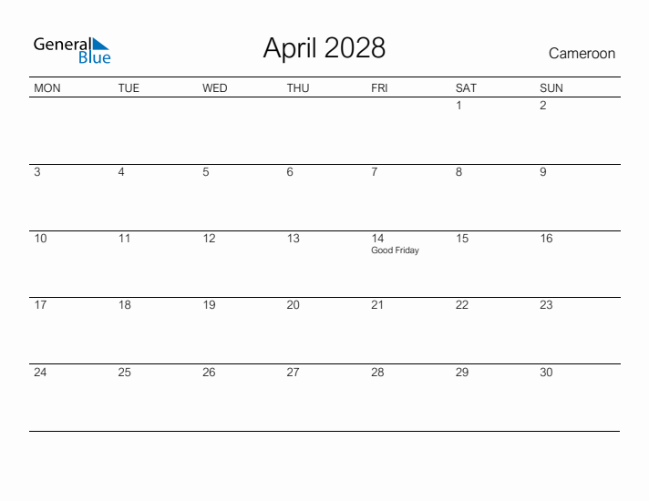 Printable April 2028 Calendar for Cameroon