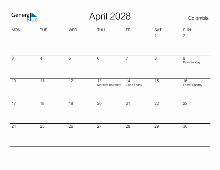 Printable April 2028 Calendar for Colombia