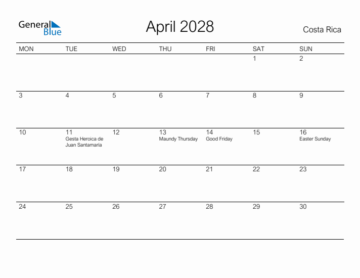 Printable April 2028 Calendar for Costa Rica