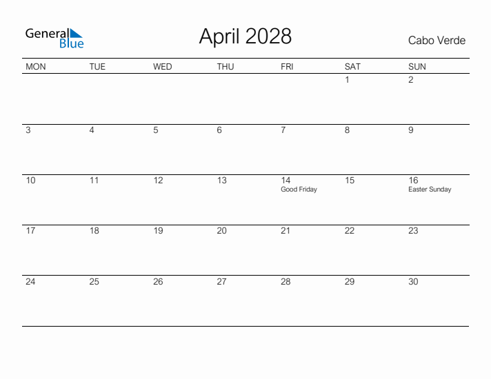 Printable April 2028 Calendar for Cabo Verde