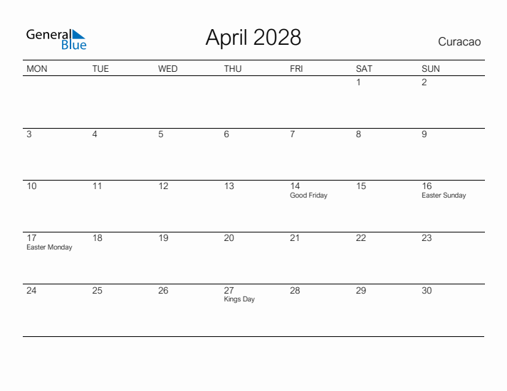 Printable April 2028 Calendar for Curacao