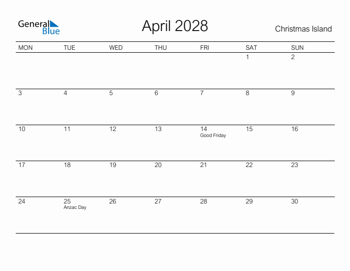 Printable April 2028 Calendar for Christmas Island