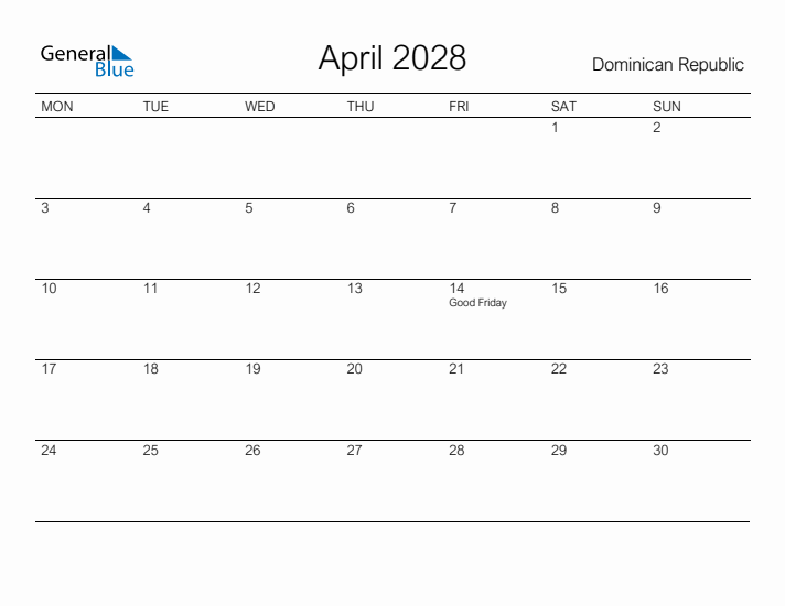 Printable April 2028 Calendar for Dominican Republic