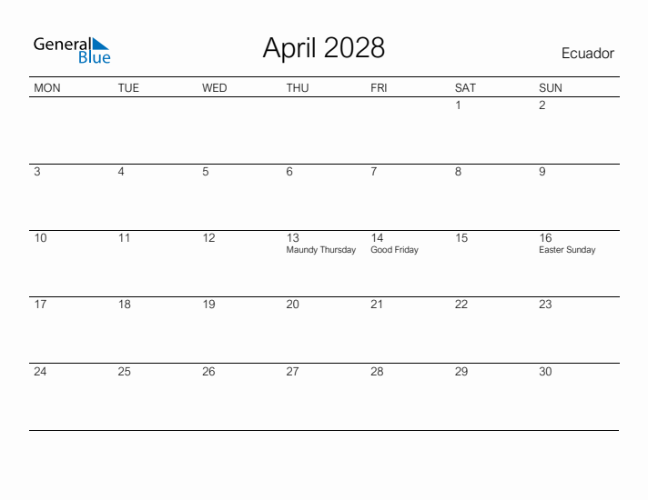 Printable April 2028 Calendar for Ecuador