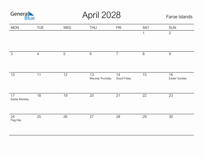Printable April 2028 Calendar for Faroe Islands