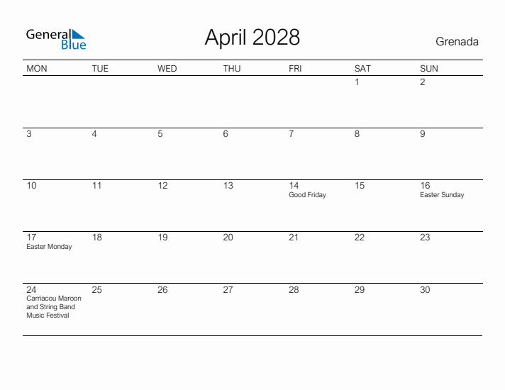 Printable April 2028 Calendar for Grenada