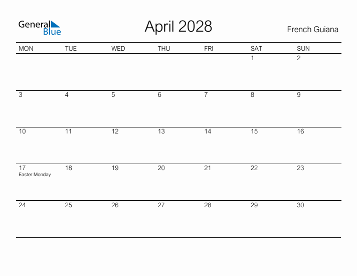Printable April 2028 Calendar for French Guiana