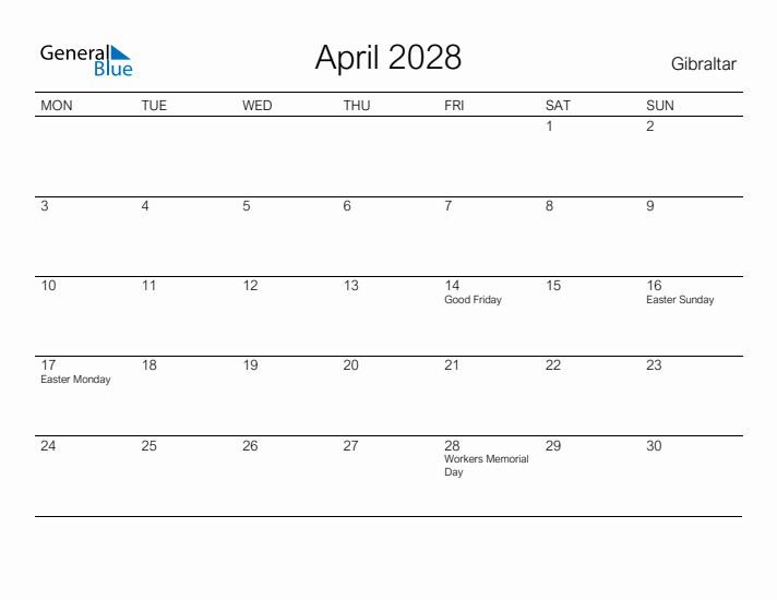 Printable April 2028 Calendar for Gibraltar