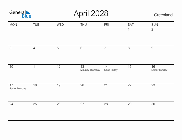 Printable April 2028 Calendar for Greenland